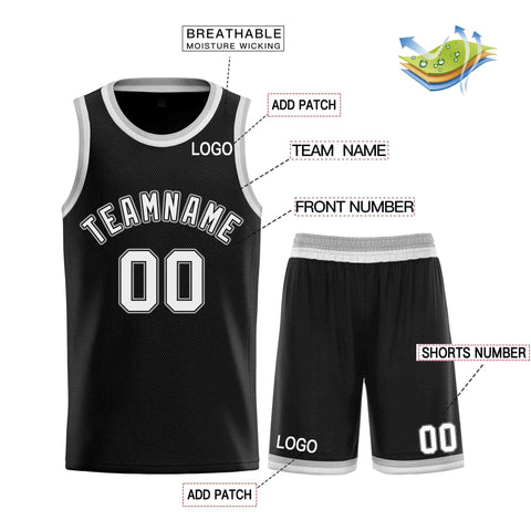 Custom Black White-Gray Classic Sets Curved Basketball Jersey