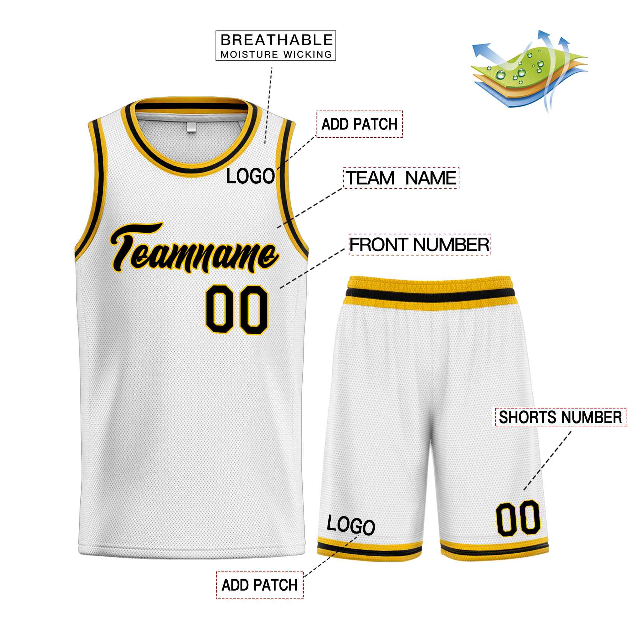 Uniforme de sport personnalisé blanc noir-jaune, ensembles classiques, maillot de basket-ball