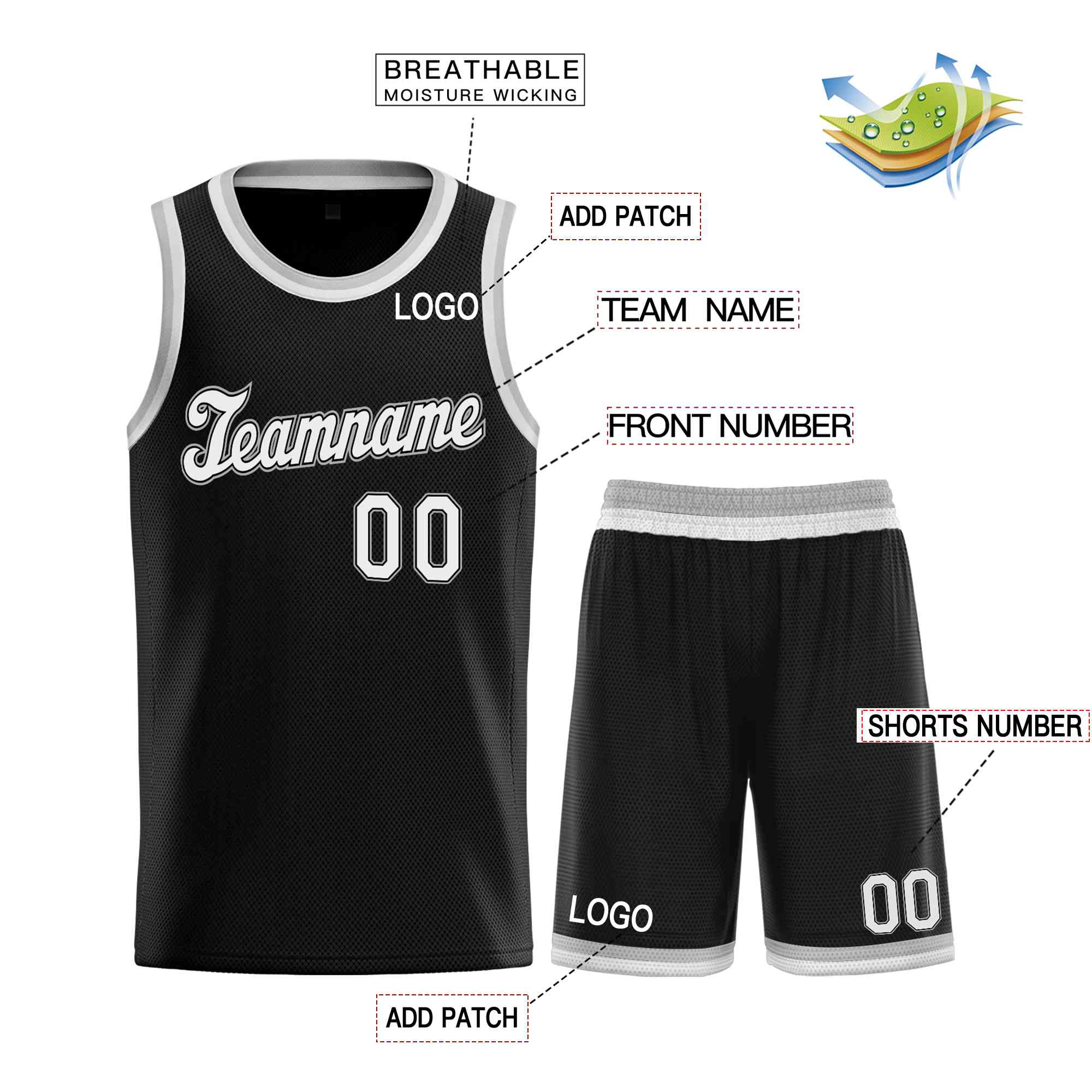 Ensembles classiques noirs blancs-gris personnalisés, maillot de basket-ball uniforme de sport