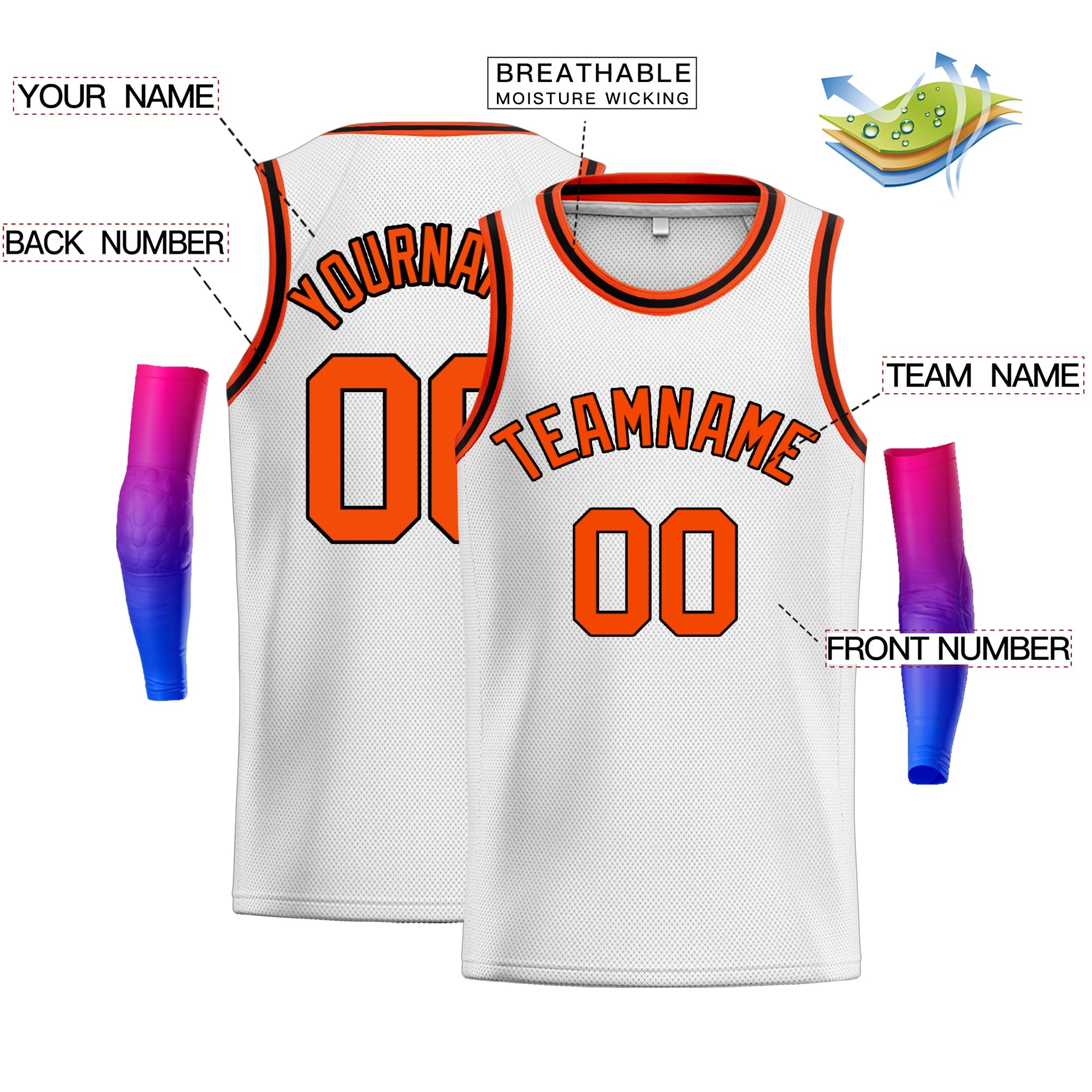 Custom White Orange Classic Tops Breathable Basketball Jersey