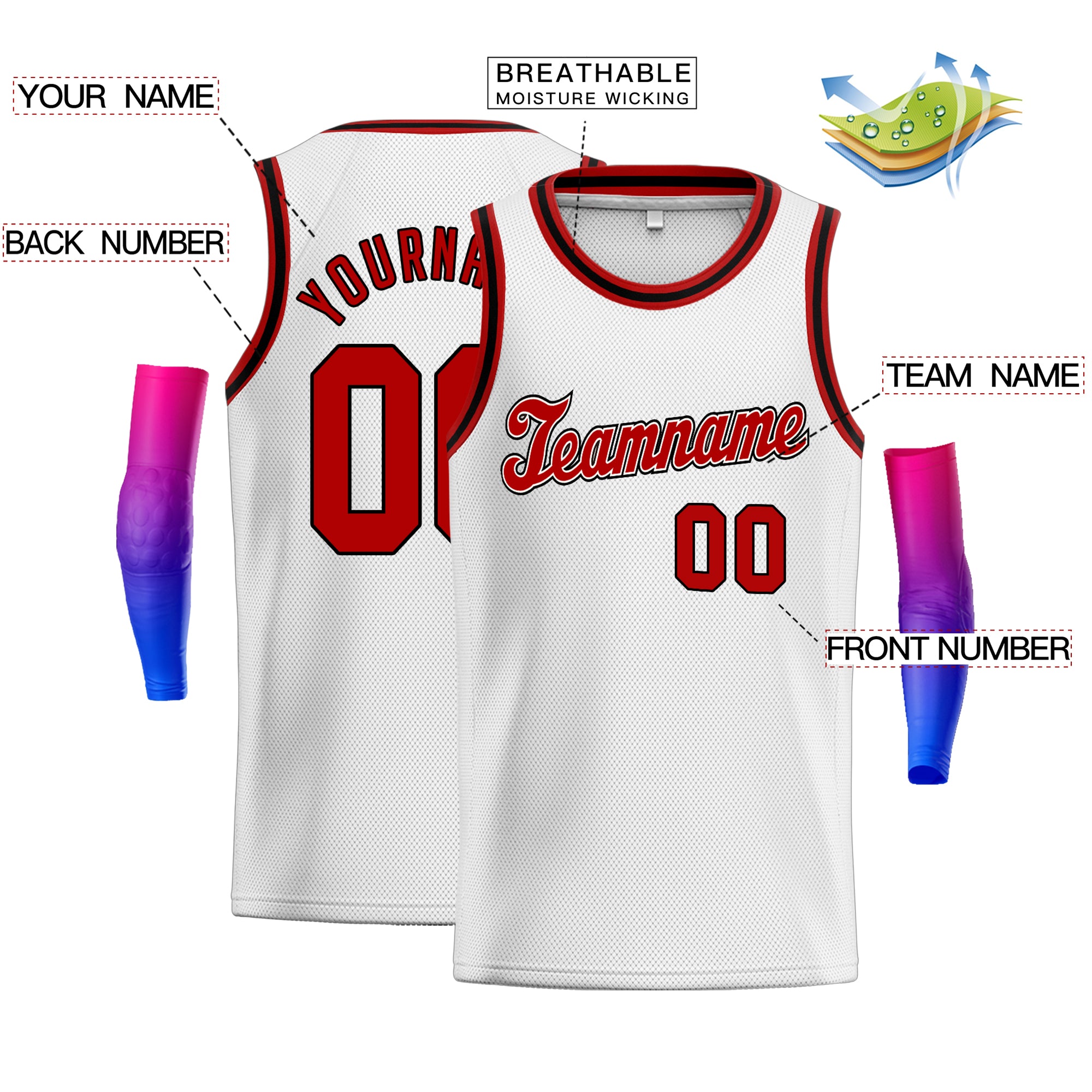 Custom White Red Classic Tops Athletic Basketball Jersey