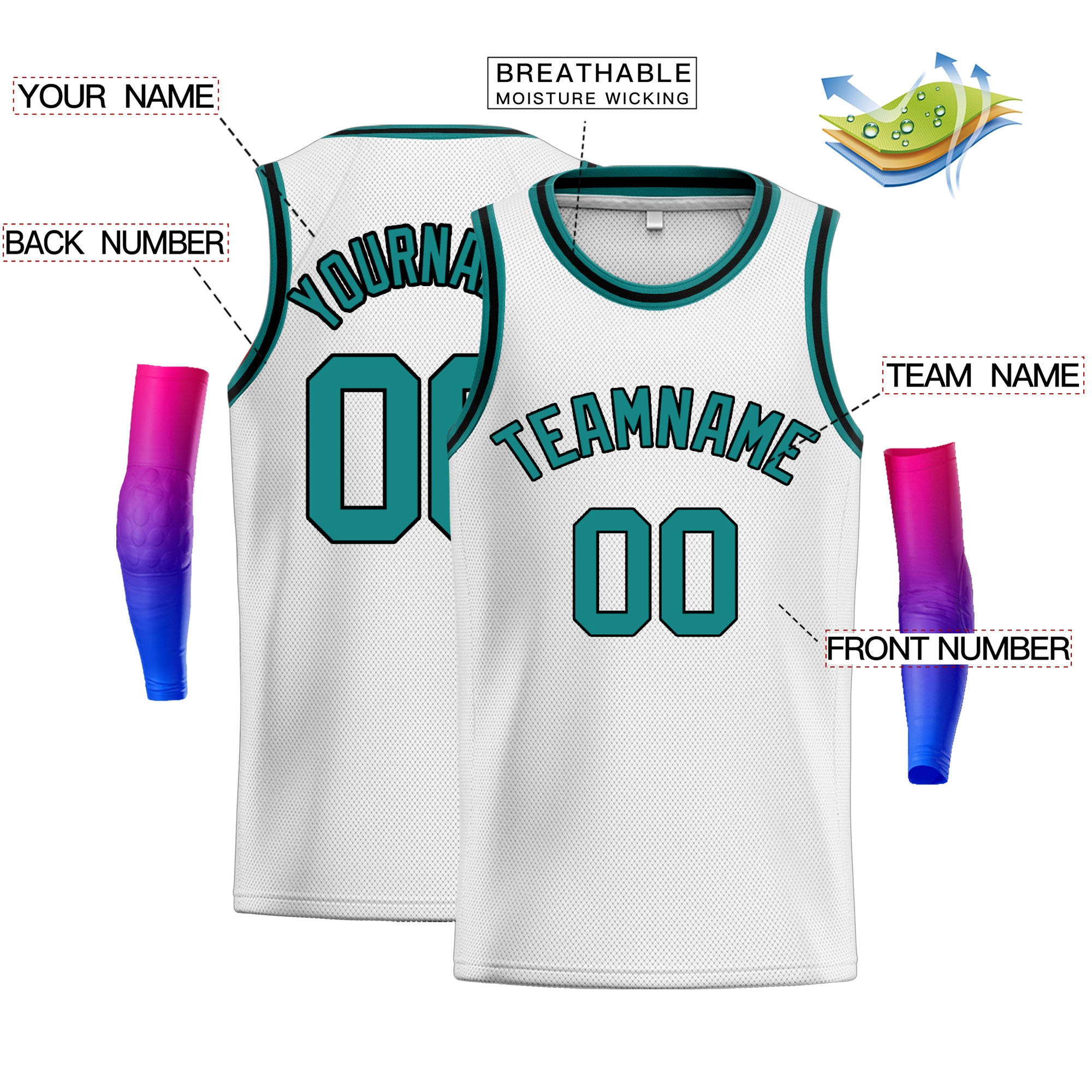 Custom White Teal-Black Classic Tops Fashion Sportwear Basketball Jersey