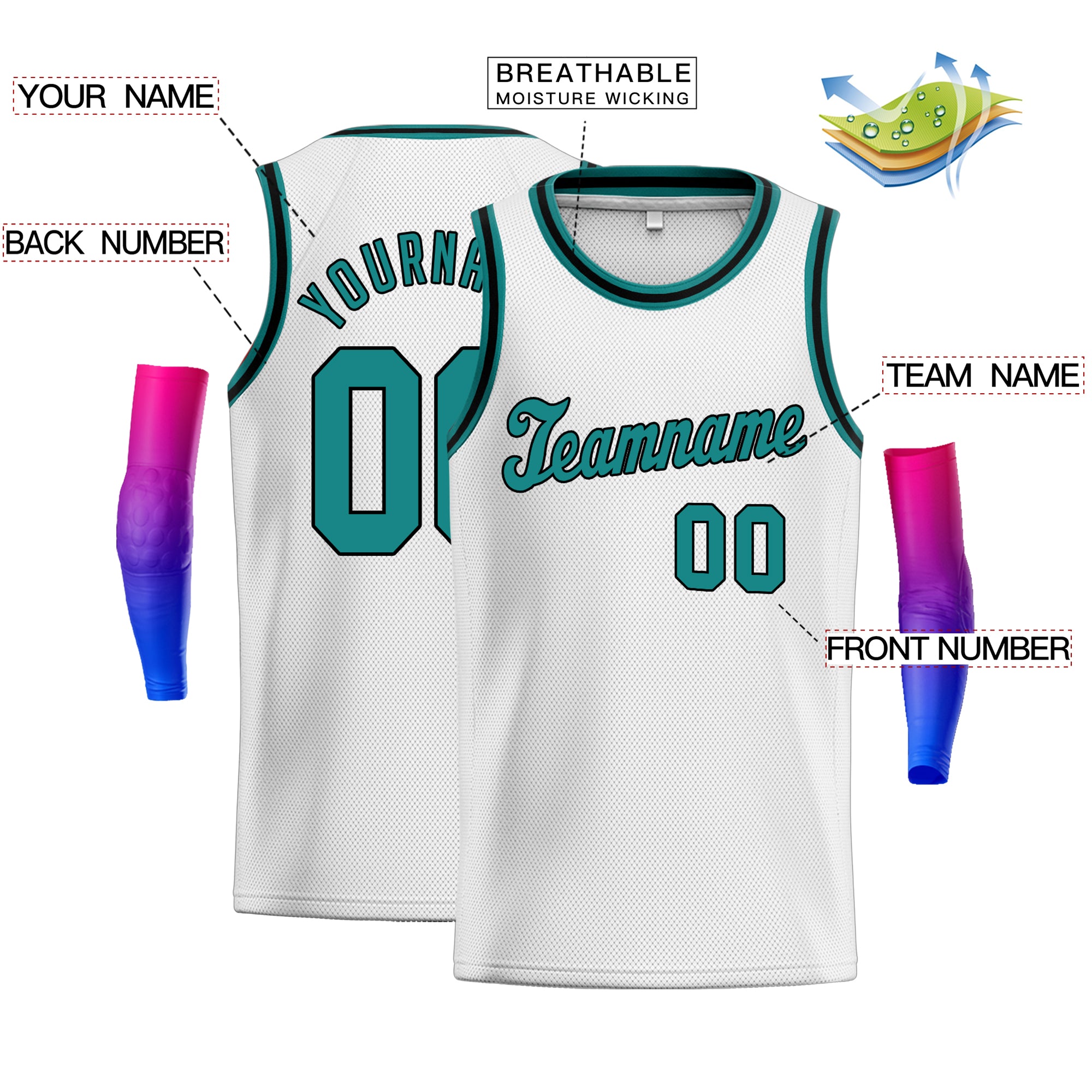 Custom White Teal-Black Classic Tops Fashion Sportwear Basketball Jersey