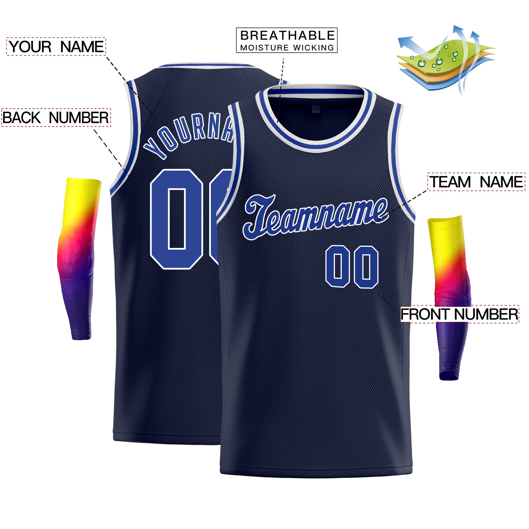 Custom Navy Royal-White Classic Tops Sport Vest Basketball Jersey