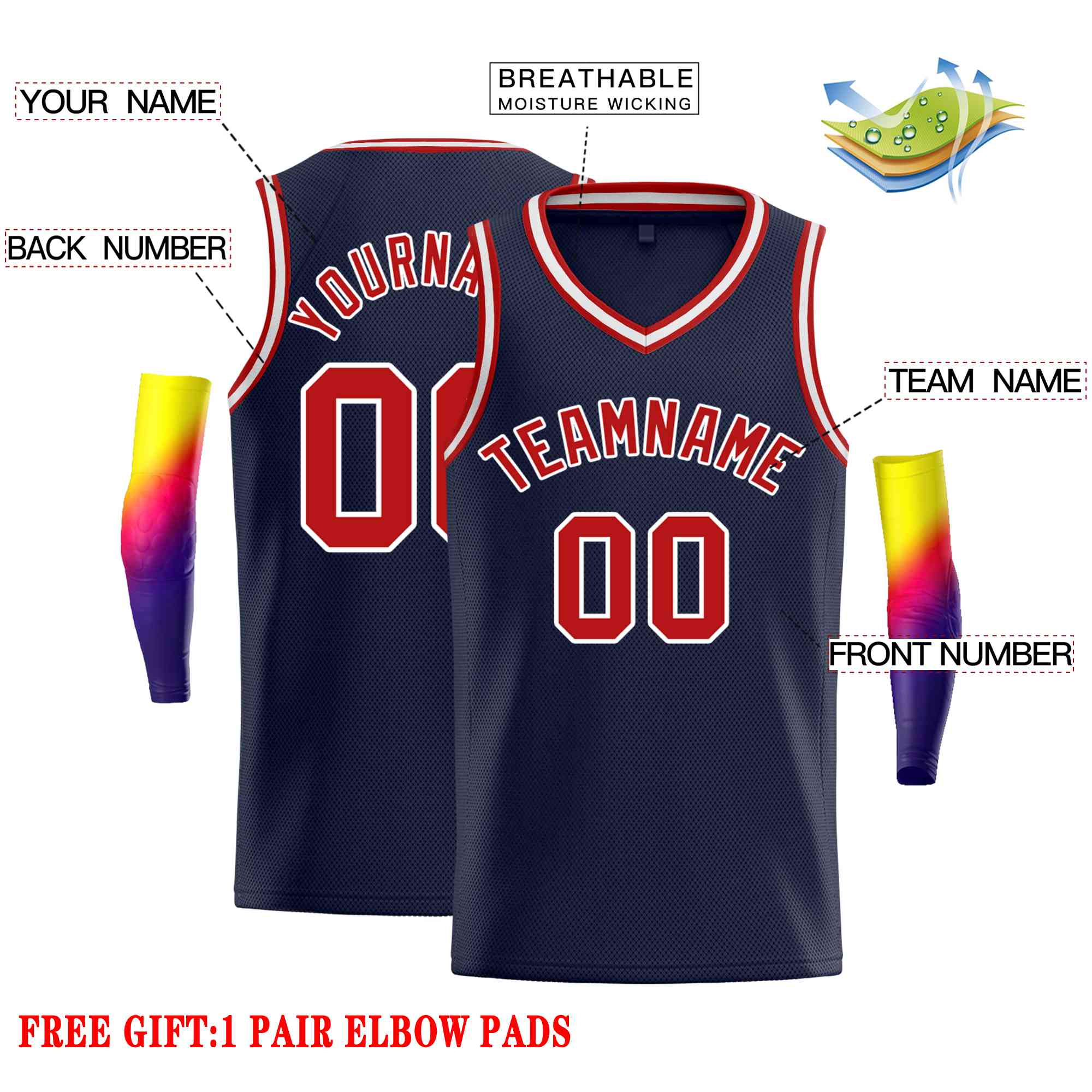 Maillot de basket-ball décontracté pour hommes, haut classique personnalisé bleu marine blanc-rouge