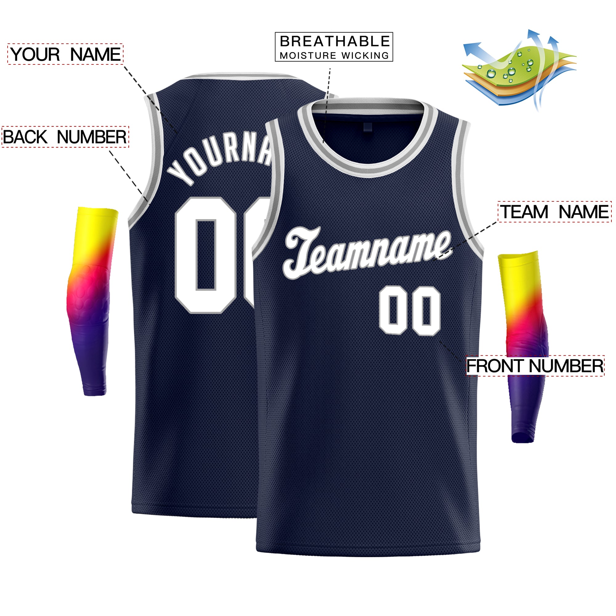 Custom Navy White-Gray Classic Tops Athletic Vest Basketball Jersey