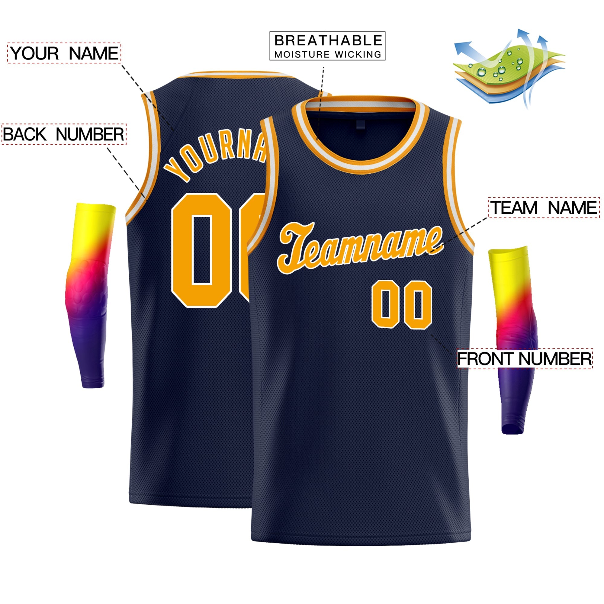 Custom Navy Orange-White Classic Tops Sport Vest Basketball Jersey