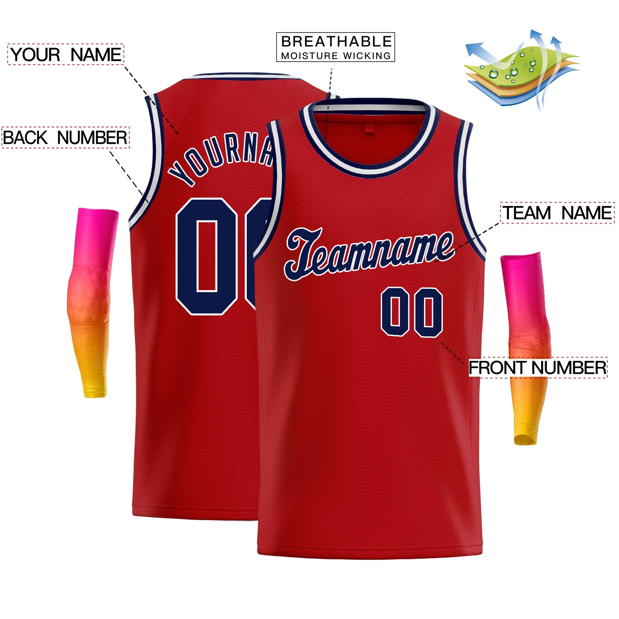 Maillot de basket-ball athlétique personnalisé, haut classique rouge marine-blanc