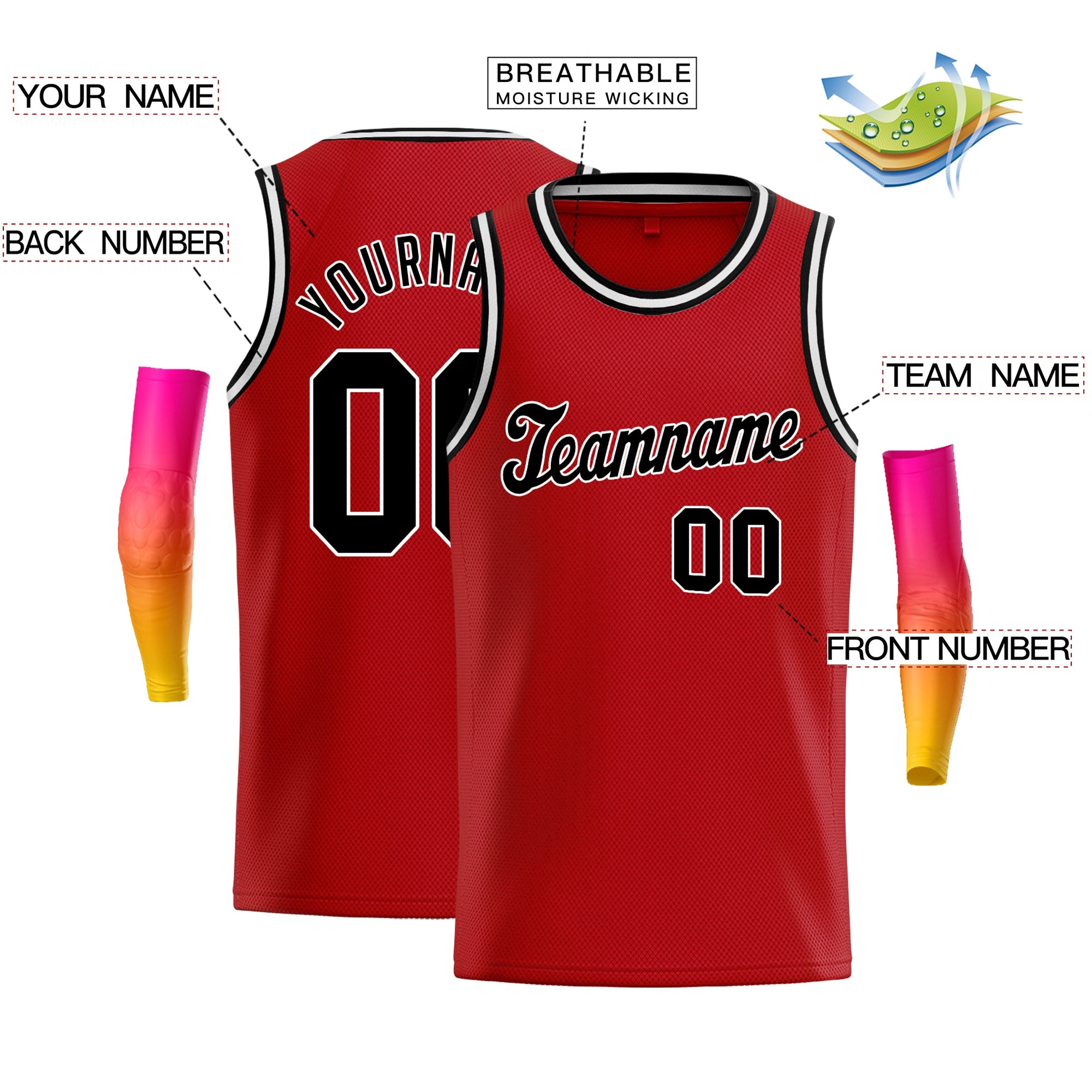 Maillot de basket-ball de jeu de Sport, haut classique personnalisé rouge noir-blanc