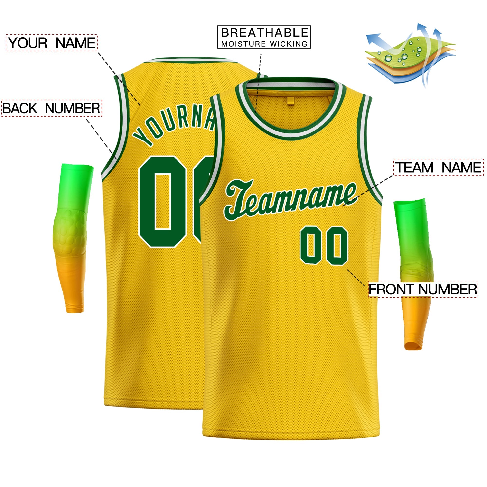 Maillot de basket-ball décontracté pour hommes, haut classique personnalisé jaune vert-blanc