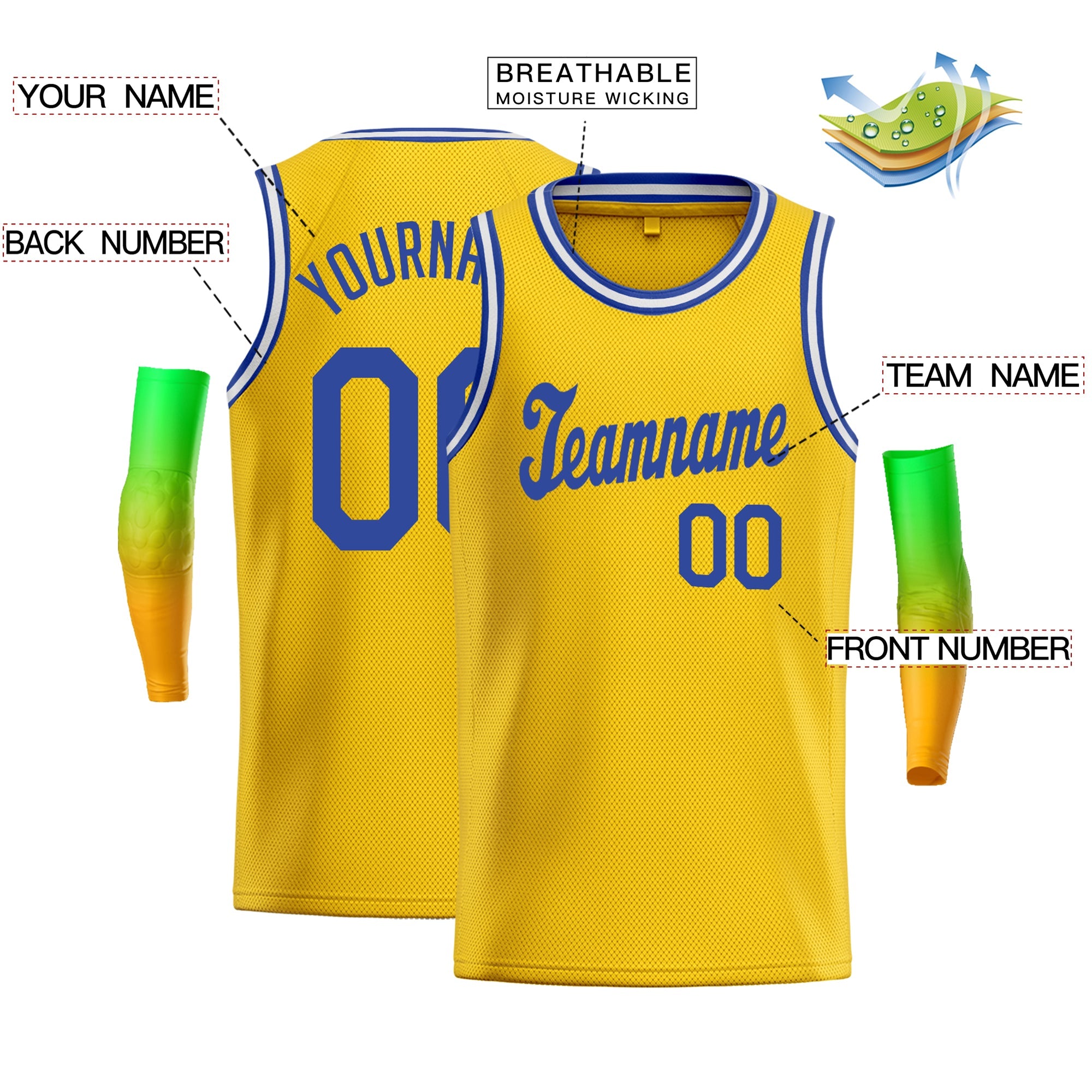 Maillot de basket-ball décontracté pour hommes, haut classique personnalisé jaune bleu clair-blanc