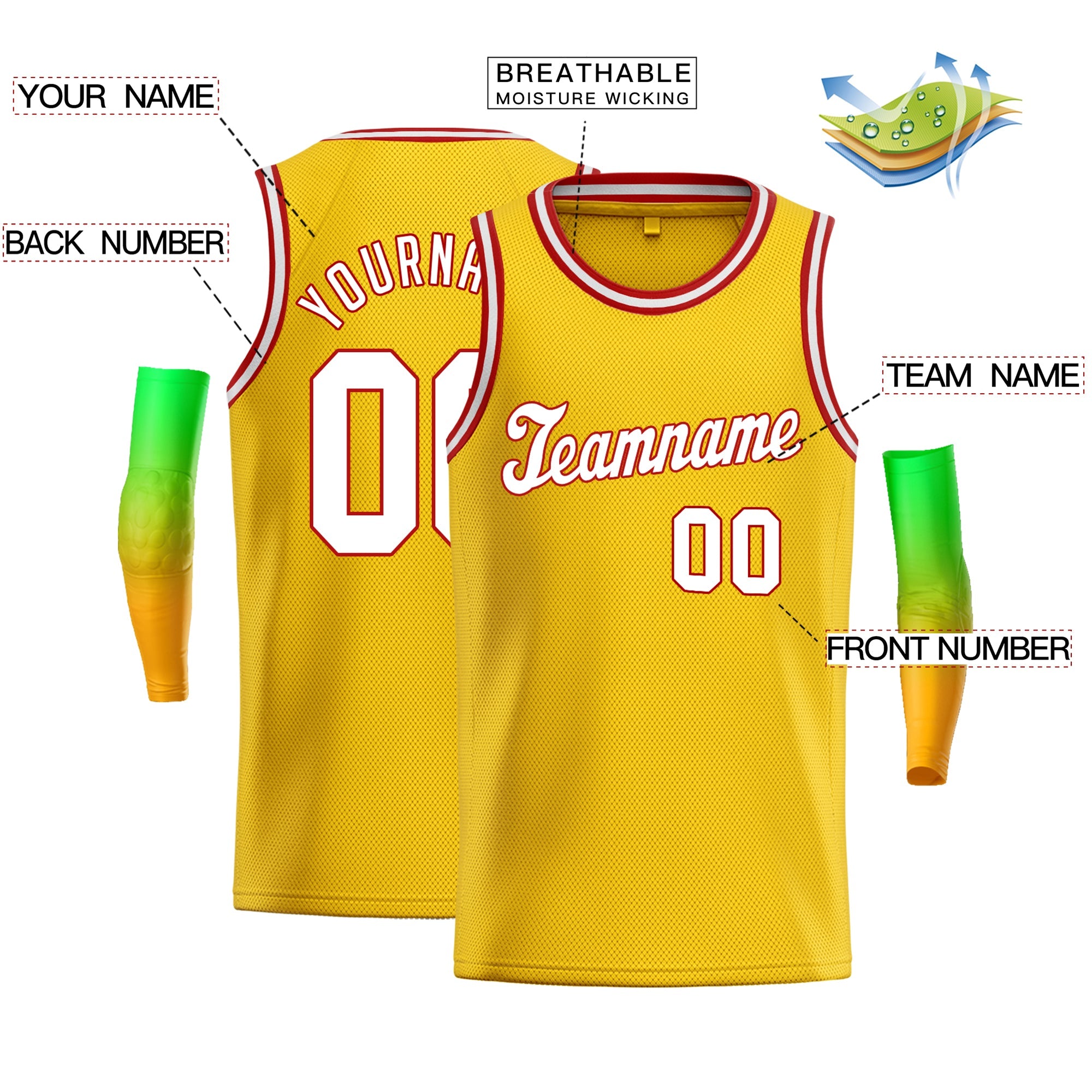 Maillot de basket-ball en maille personnalisé jaune blanc-rouge, hauts classiques