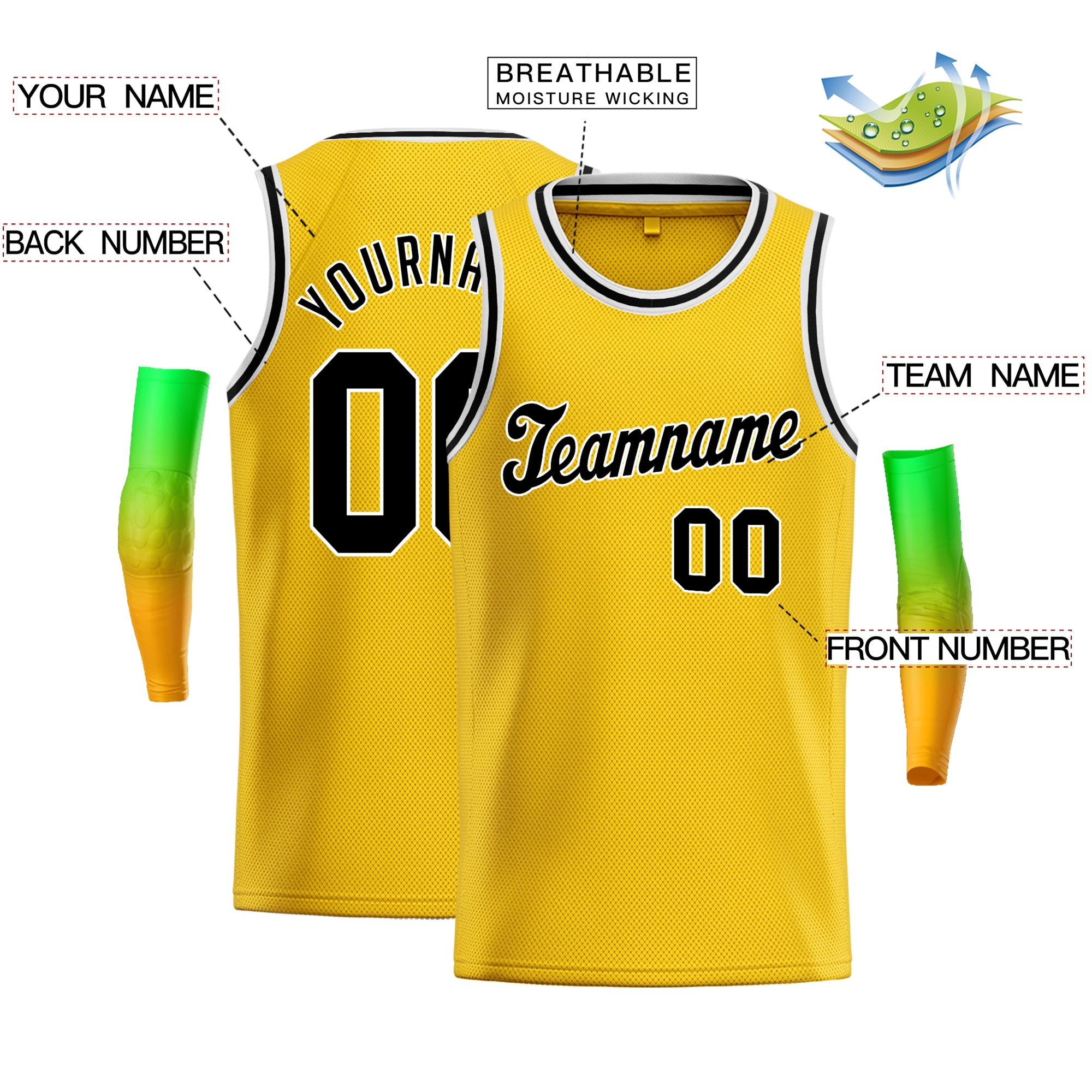 Maillot de basket-ball respirant, personnalisé, jaune, noir et blanc, hauts classiques