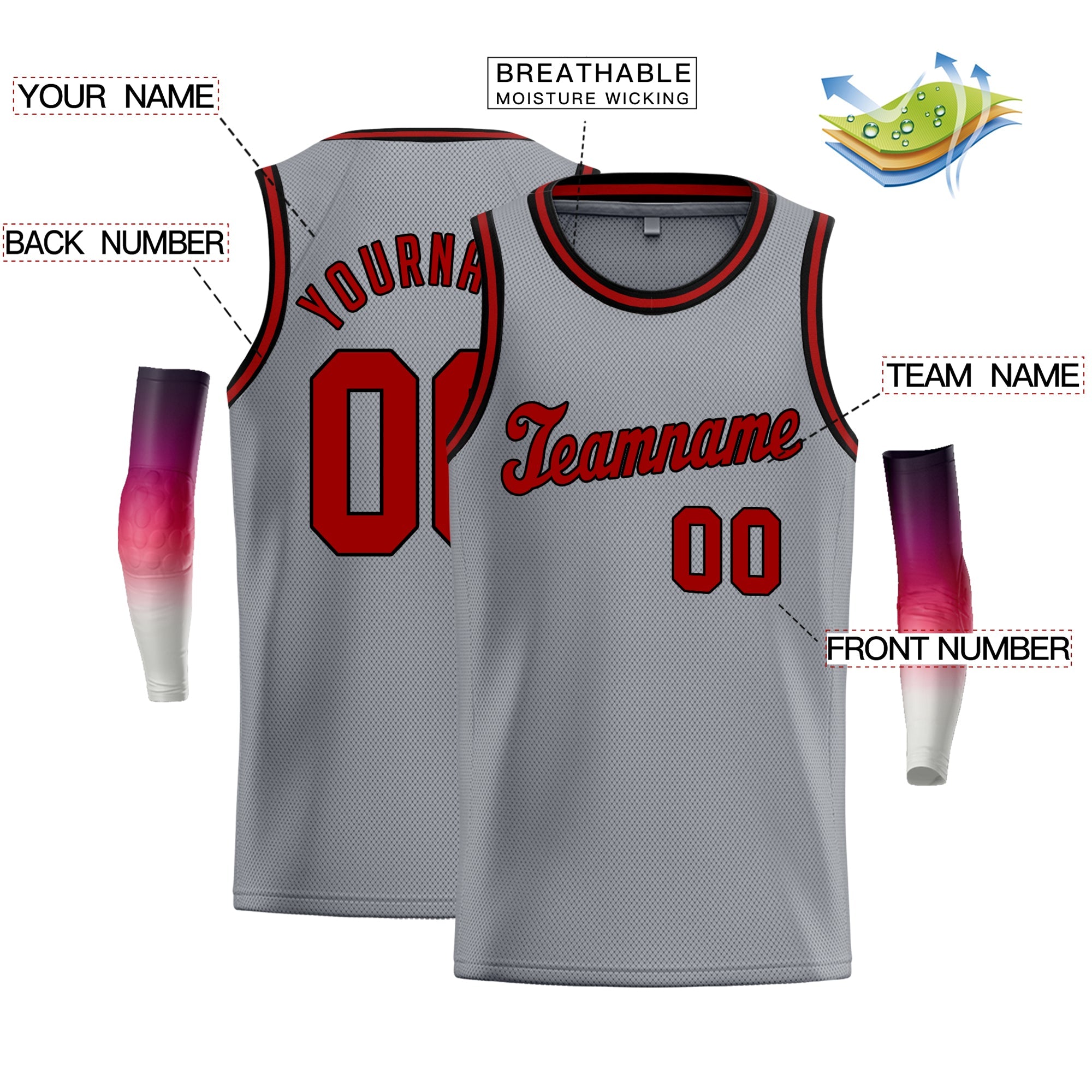 Custom Gray Red Black Classic Tops Men/Boy Basketball Jersey