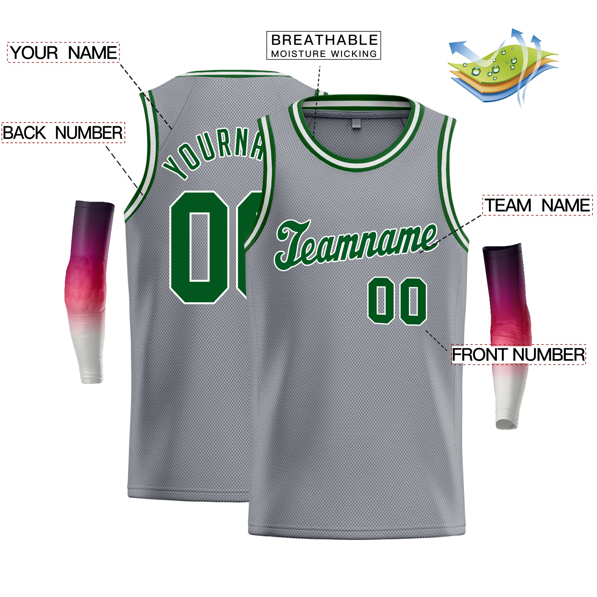 Maillot de basket-ball athlétique personnalisé gris vert-blanc, hauts classiques pour hommes/garçon