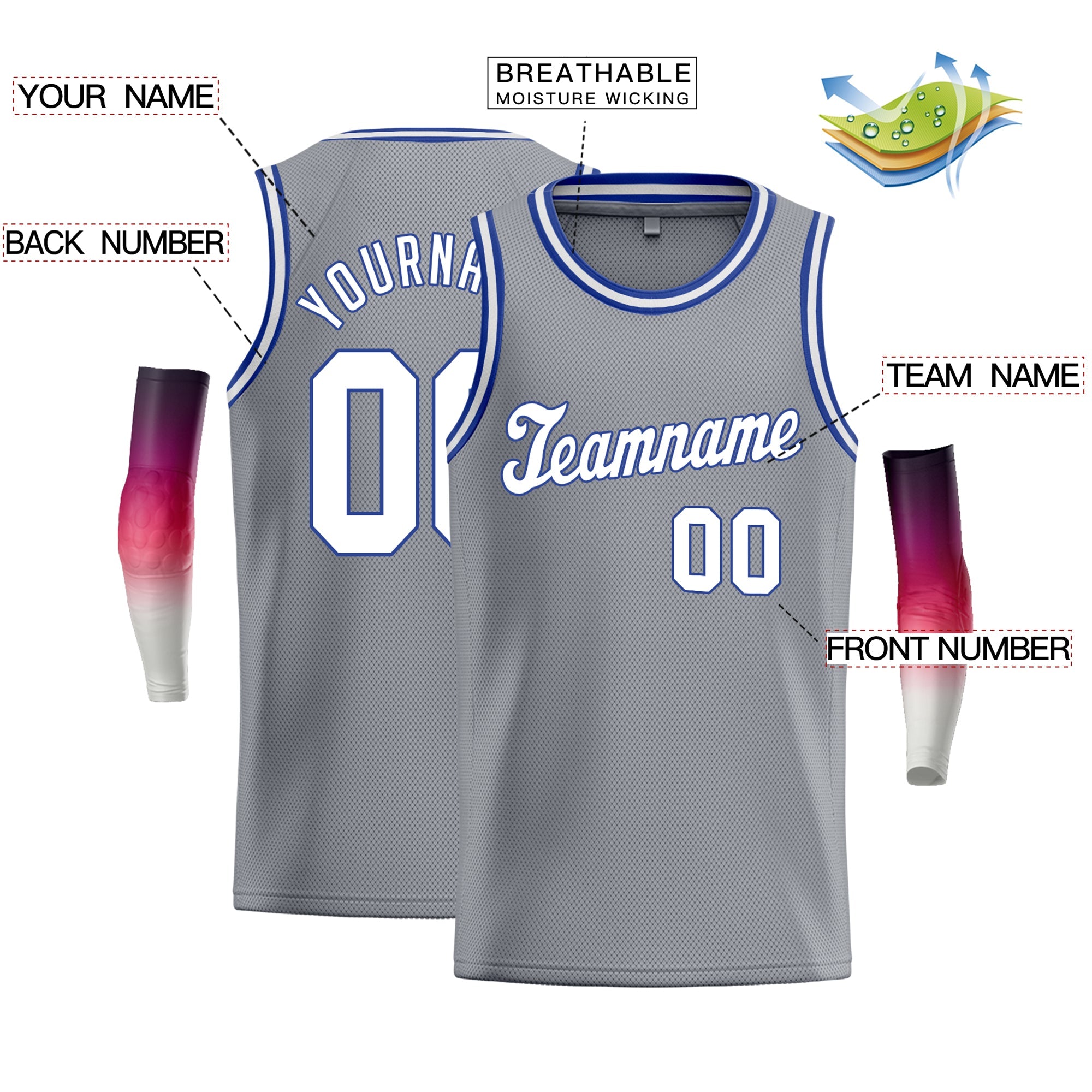 Custom Gray White Royal Classic Tops Athletic Basketball Jersey