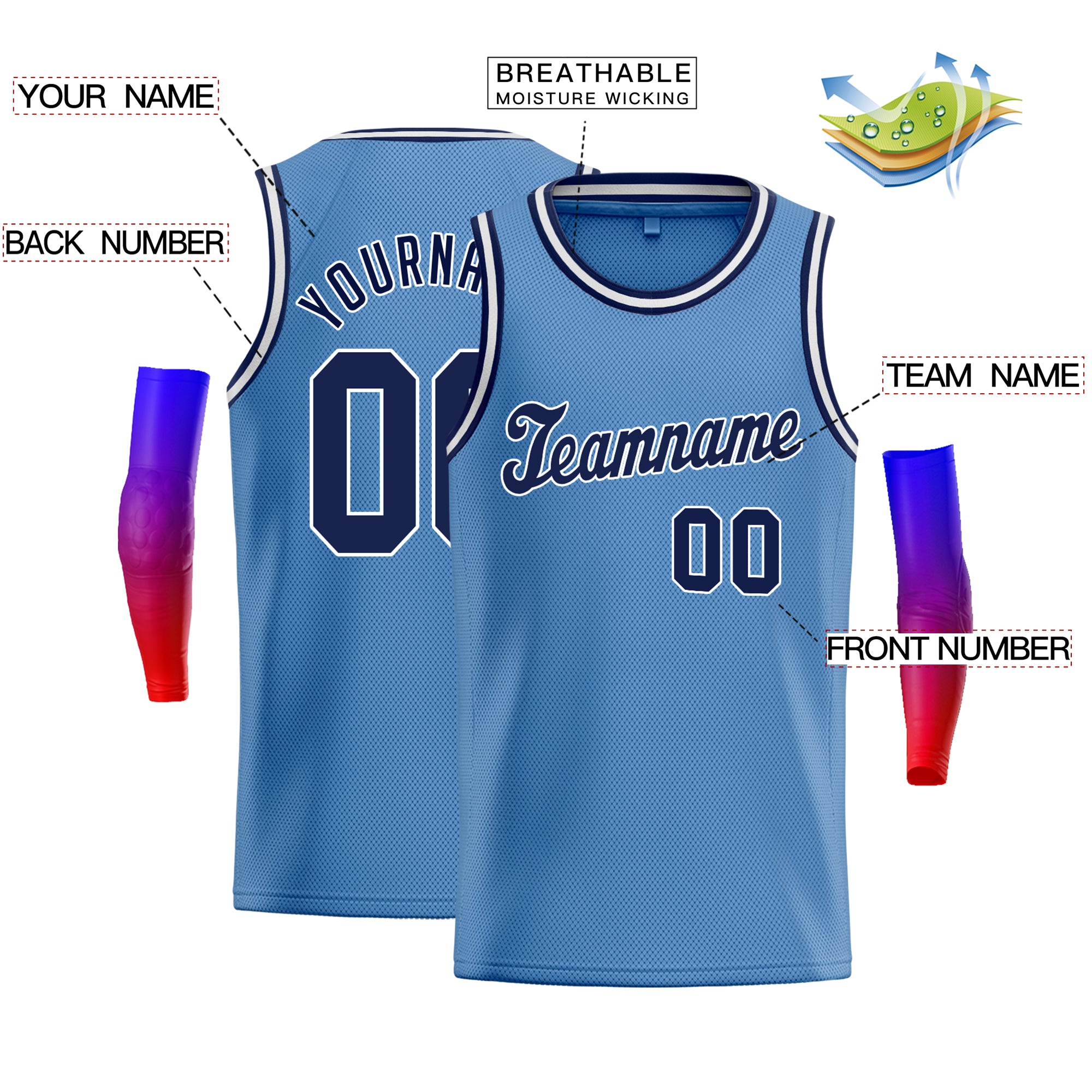 Custom Light Blue Navy-White Classic Tops Men/Boy Athletic Basketball Jersey