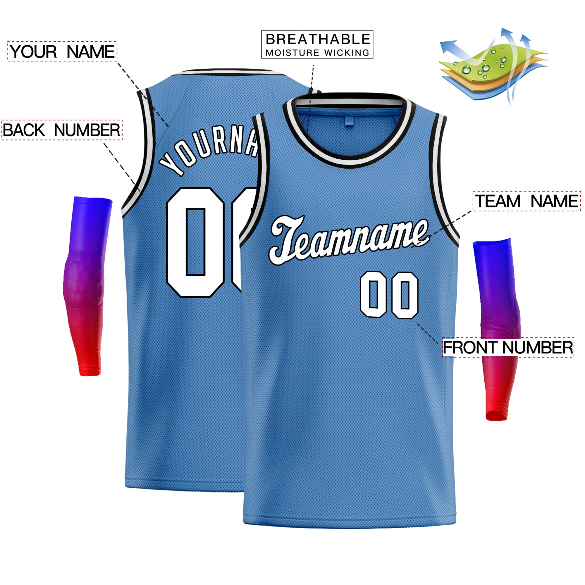 Custom Light Blue White-Black Classic Tops Athletic Basketball Jersey