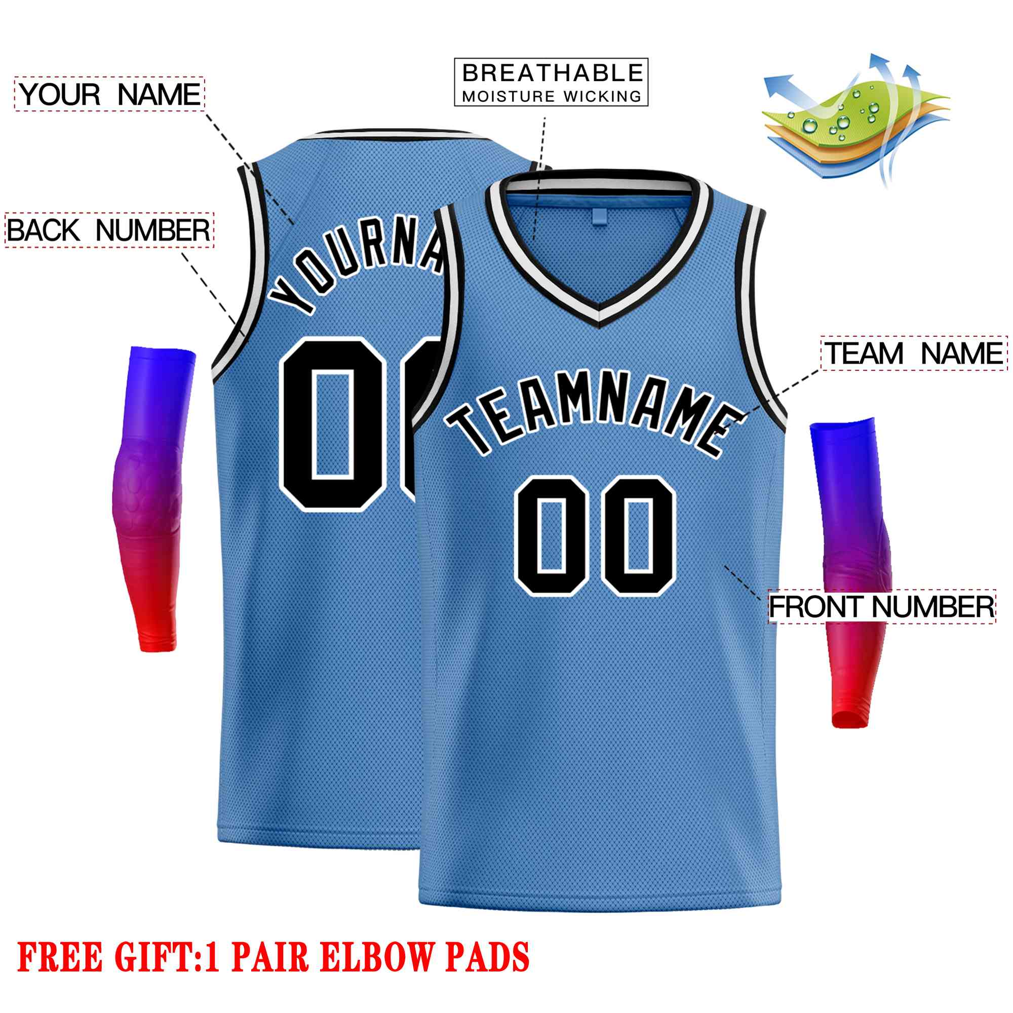 Custom Light Blue White-Black Classic Tops Men Casual Basketball Jersey