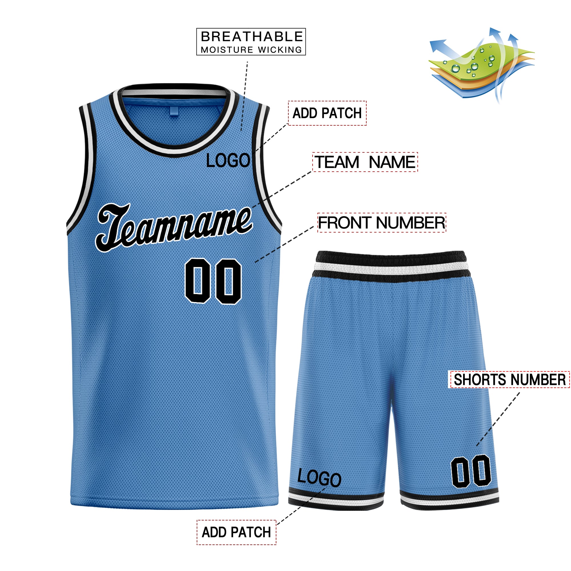 Custom Light Blue Black White Classic Sets Basketball Jersey