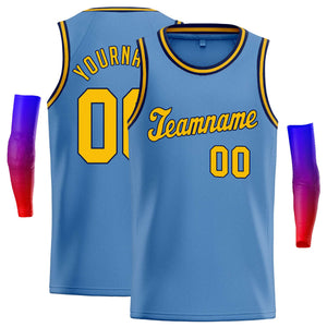 Custom Light Blue Yellow-Navy Classic Tops Casual Basketball Jersey