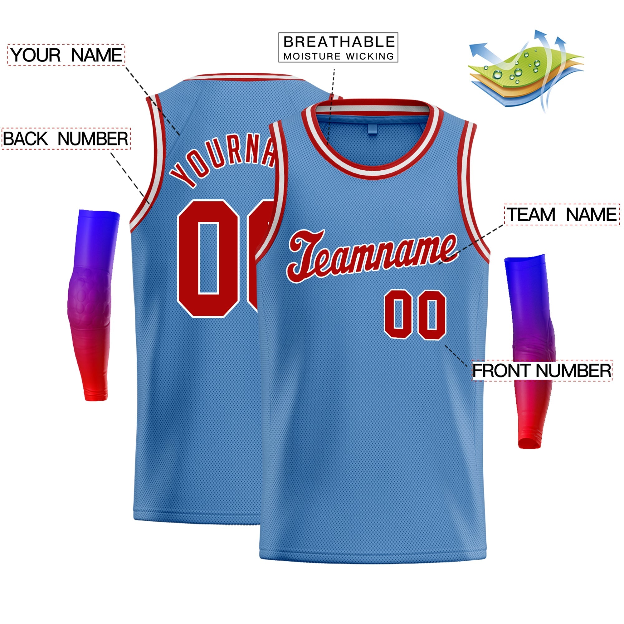 Custom Light Blue Red-White Classic Tops Men Casual Basketball Jersey