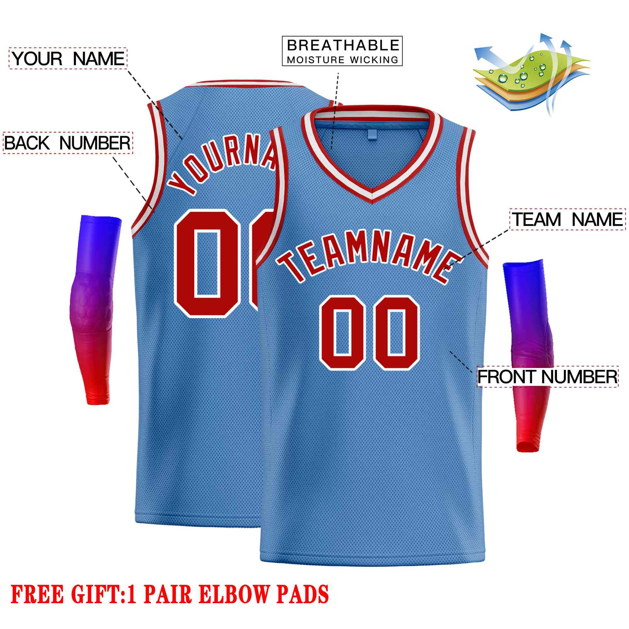 Custom Light Blue Red-White Classic Tops Men Casual Basketball Jersey