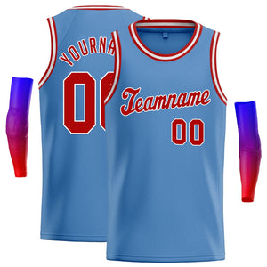 Custom Light Blue Red-White Classic Tops Men Casual Basketball Jersey