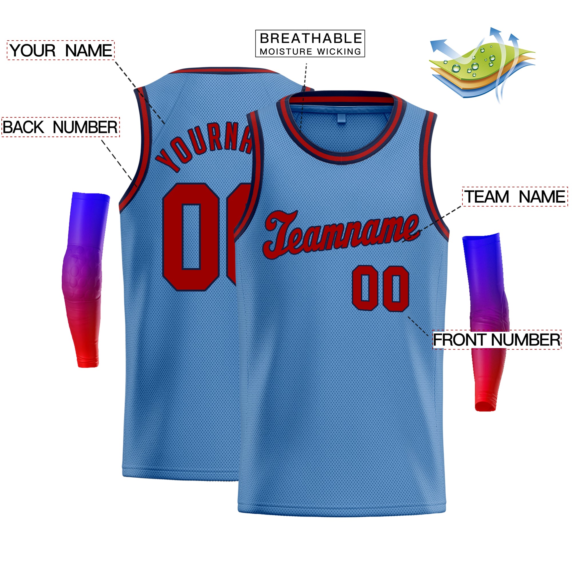 Maillot de basket-ball athlétique personnalisé, bleu clair, bleu marine et rouge, hauts classiques