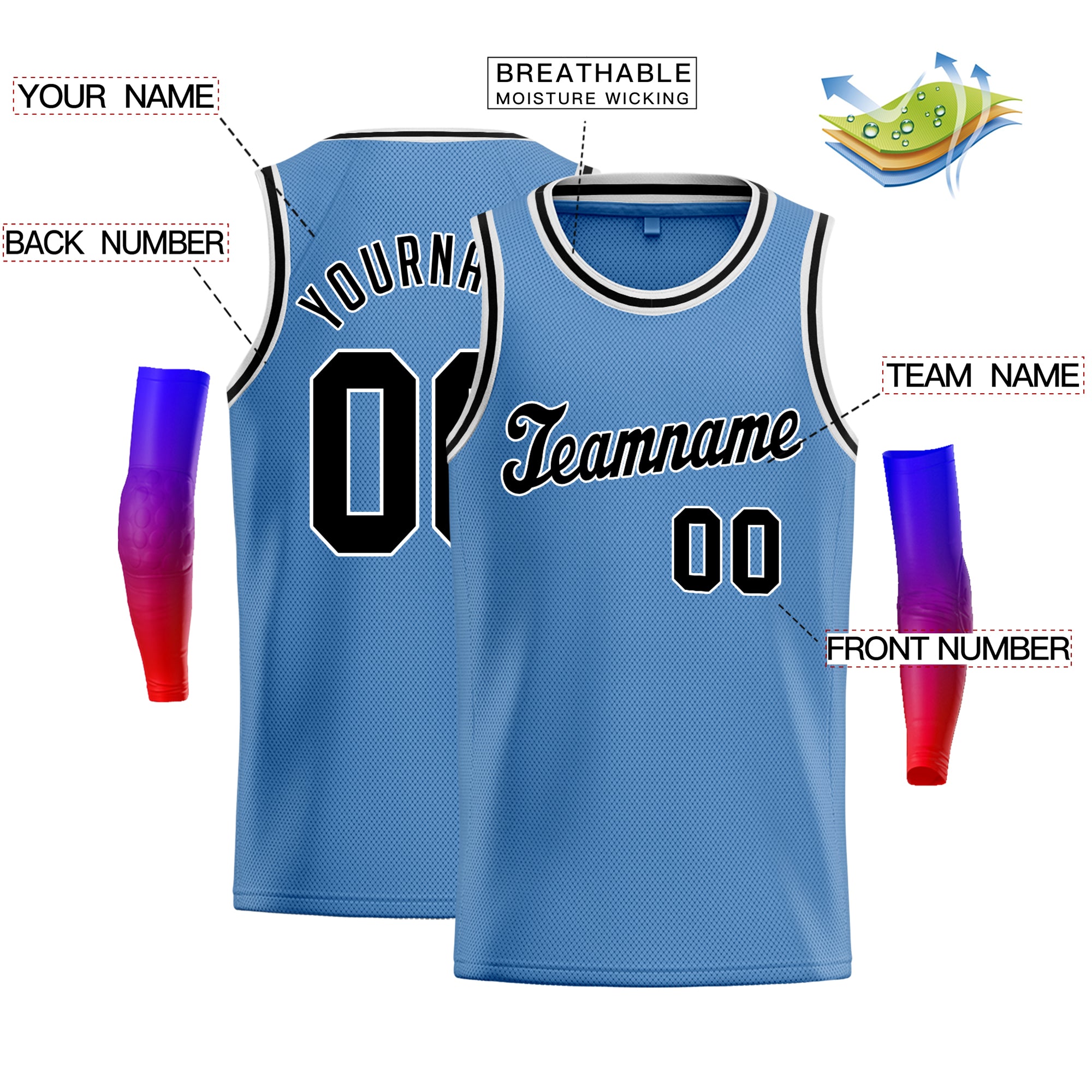 Maillot de basket-ball classique personnalisé pour hommes/garçon, bleu clair, noir et blanc