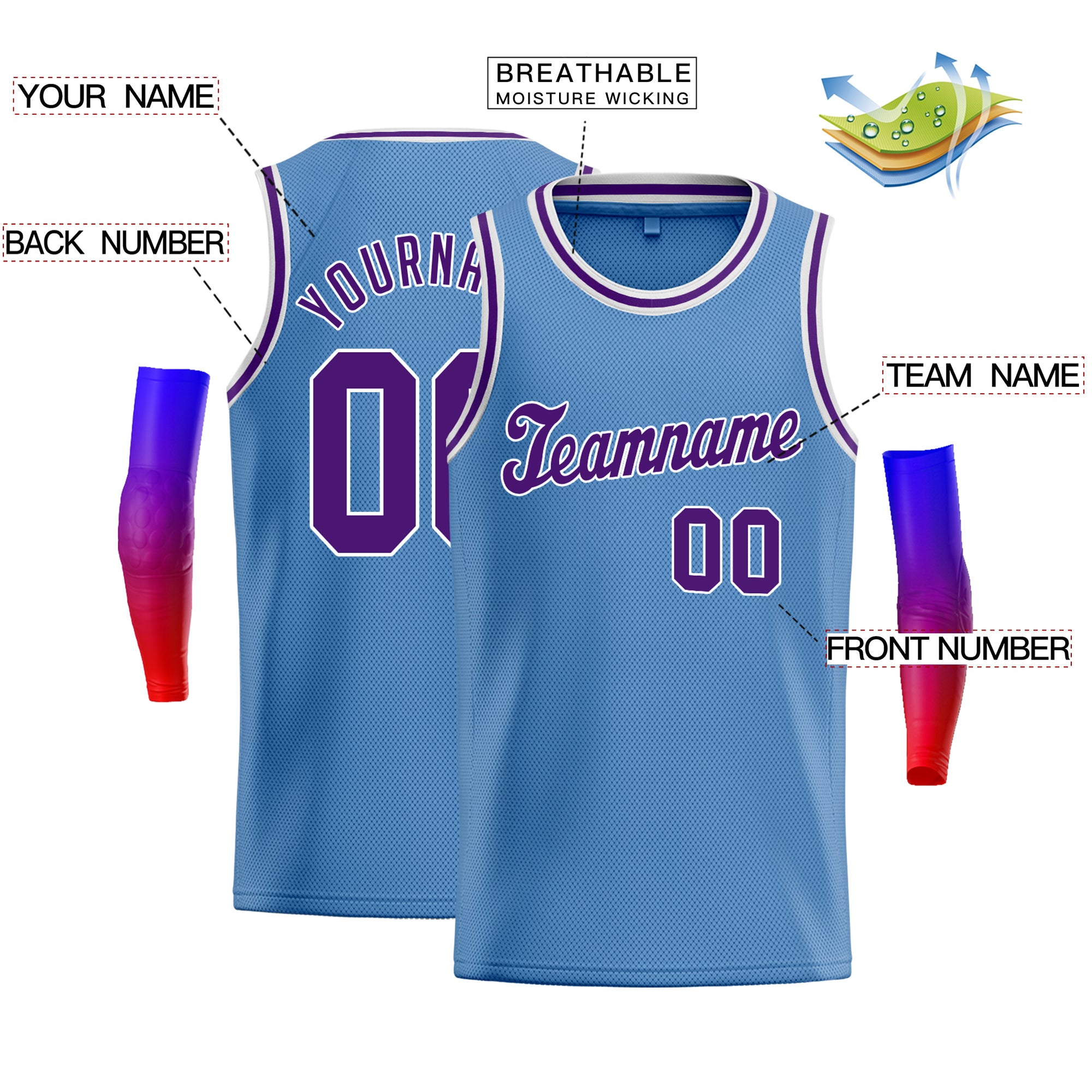 Maillot de basket-ball décontracté, bleu clair, violet et blanc, hauts classiques athlétiques personnalisés