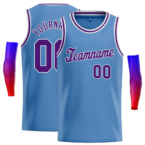 Maillot de basket-ball décontracté, bleu clair, violet et blanc, hauts classiques athlétiques personnalisés