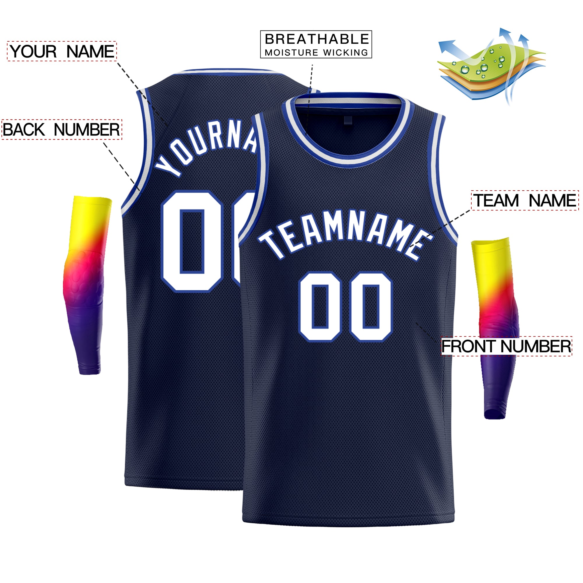 Custom Navy White-Royal Classic Tops Breathable Basketball Jersey