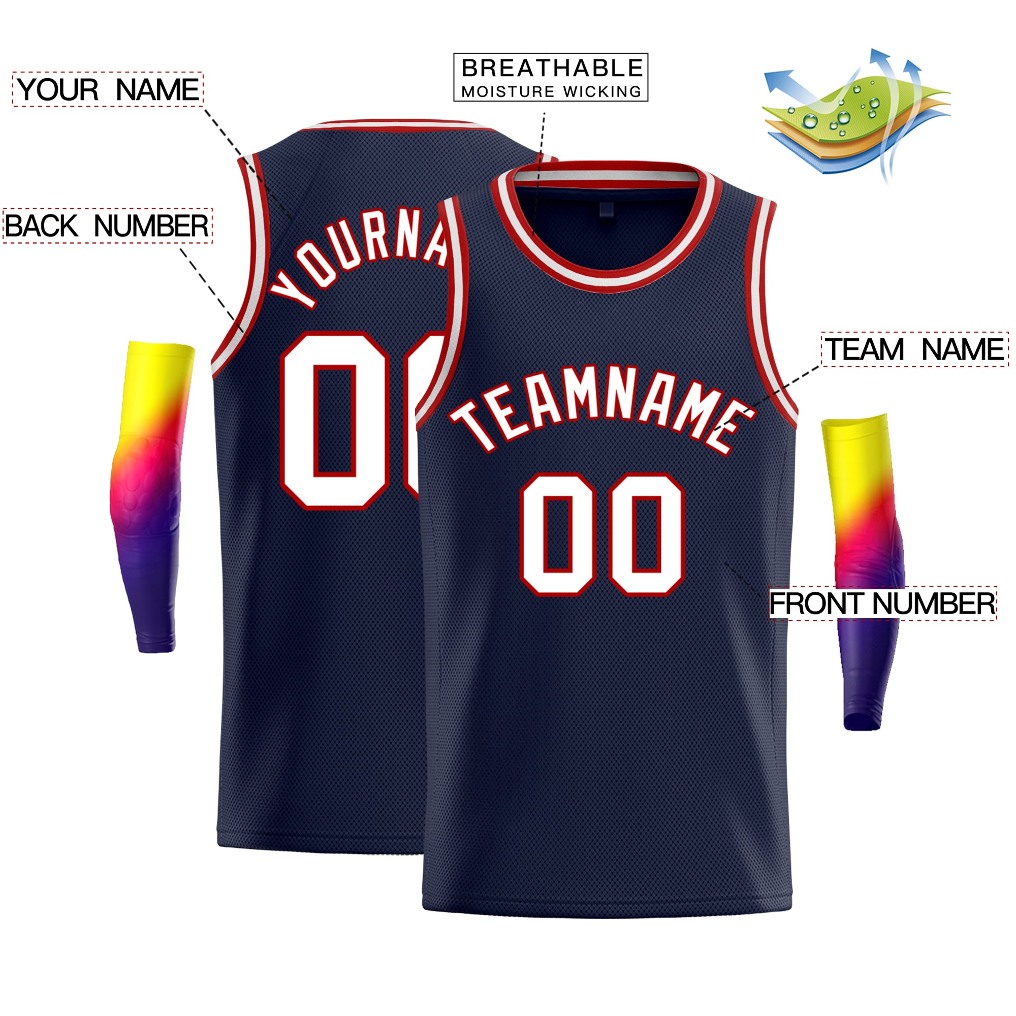 Custom Navy Red-White Classic Tops Athletic Vest Basketball Jersey