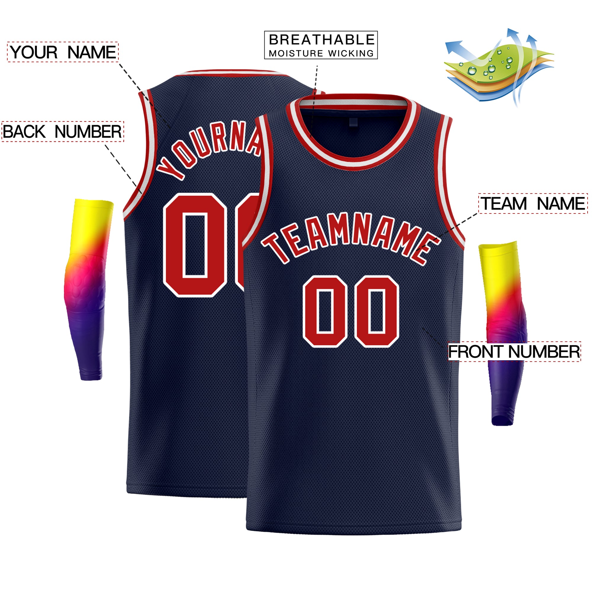 Custom Navy Red-White Classic Tops Sport Vest Basketball Jersey