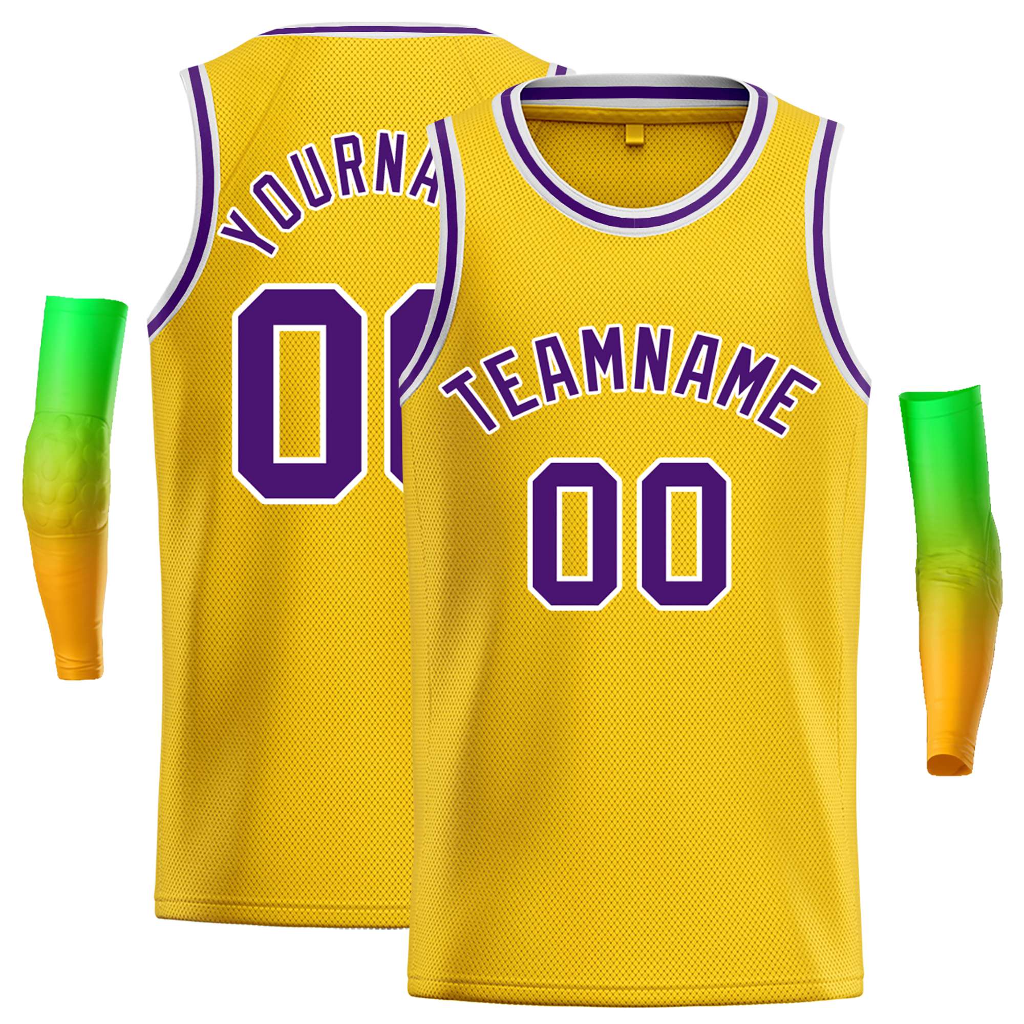 Maillot de basket-ball décontracté, haut classique jaune violet-blanc personnalisé