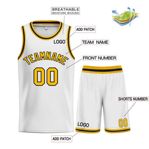 Maillot de basket-ball incurvé personnalisé blanc jaune-noir, ensembles classiques