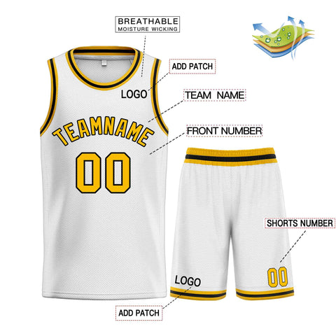 Custom White Yellow-Black Classic Sets Curved Basketball Jersey