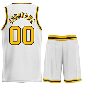 Maillot de basket-ball incurvé personnalisé blanc jaune-noir, ensembles classiques