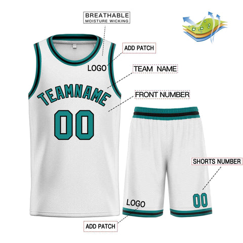 Custom White Teal-Black Classic Sets Curved Basketball Jersey