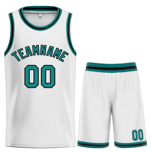 Custom White Teal-Black Classic Sets Curved Basketball Jersey