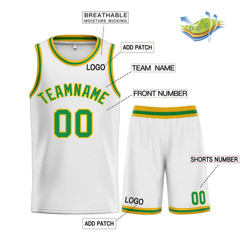 Custom White Green-Yellow Classic Sets Curved Basketball Jersey