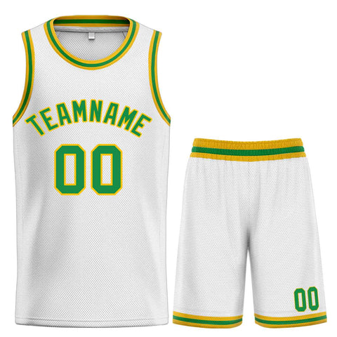 Custom White Green-Yellow Classic Sets Curved Basketball Jersey