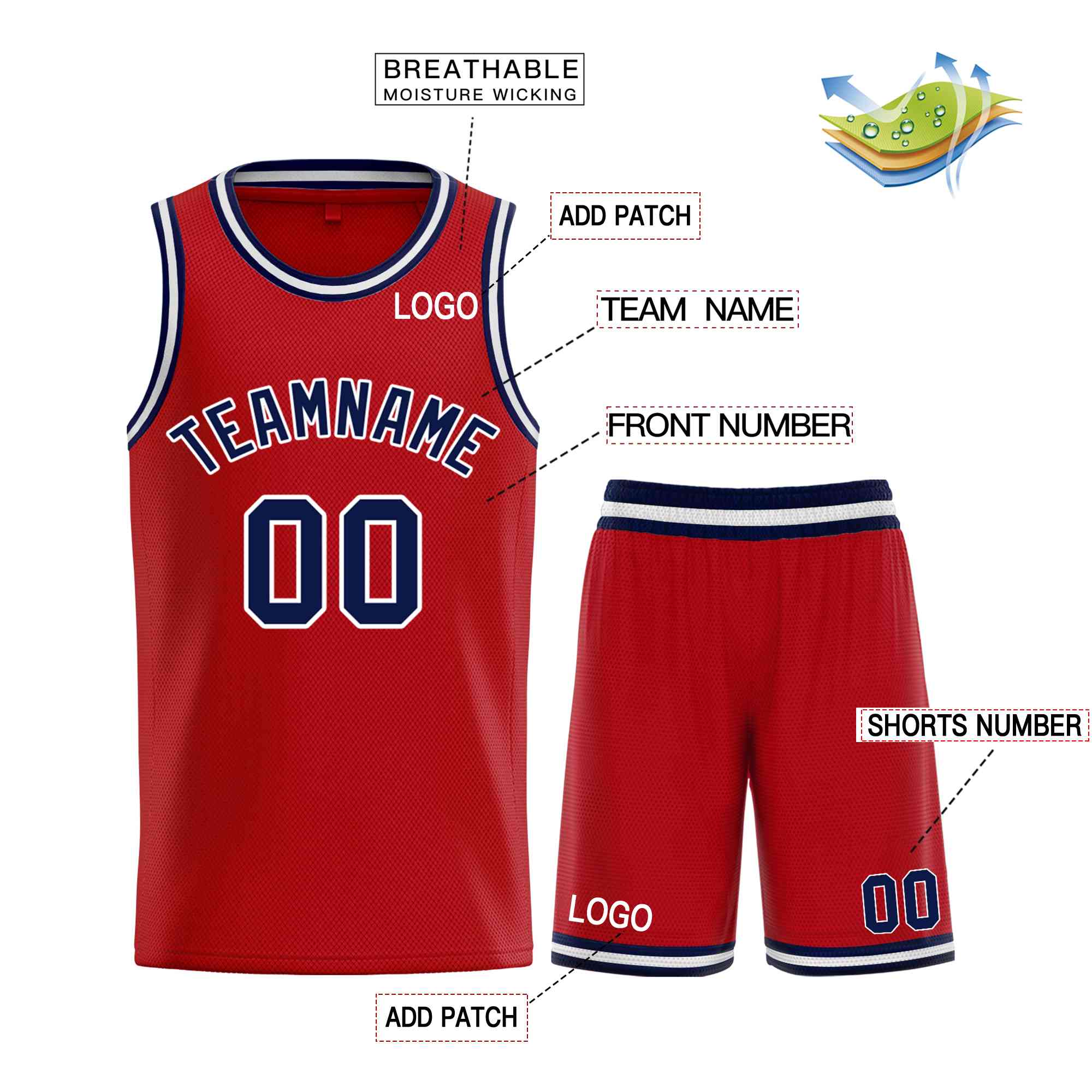 Custom Red Navy-White Classic Sets Curved Basketball Jersey