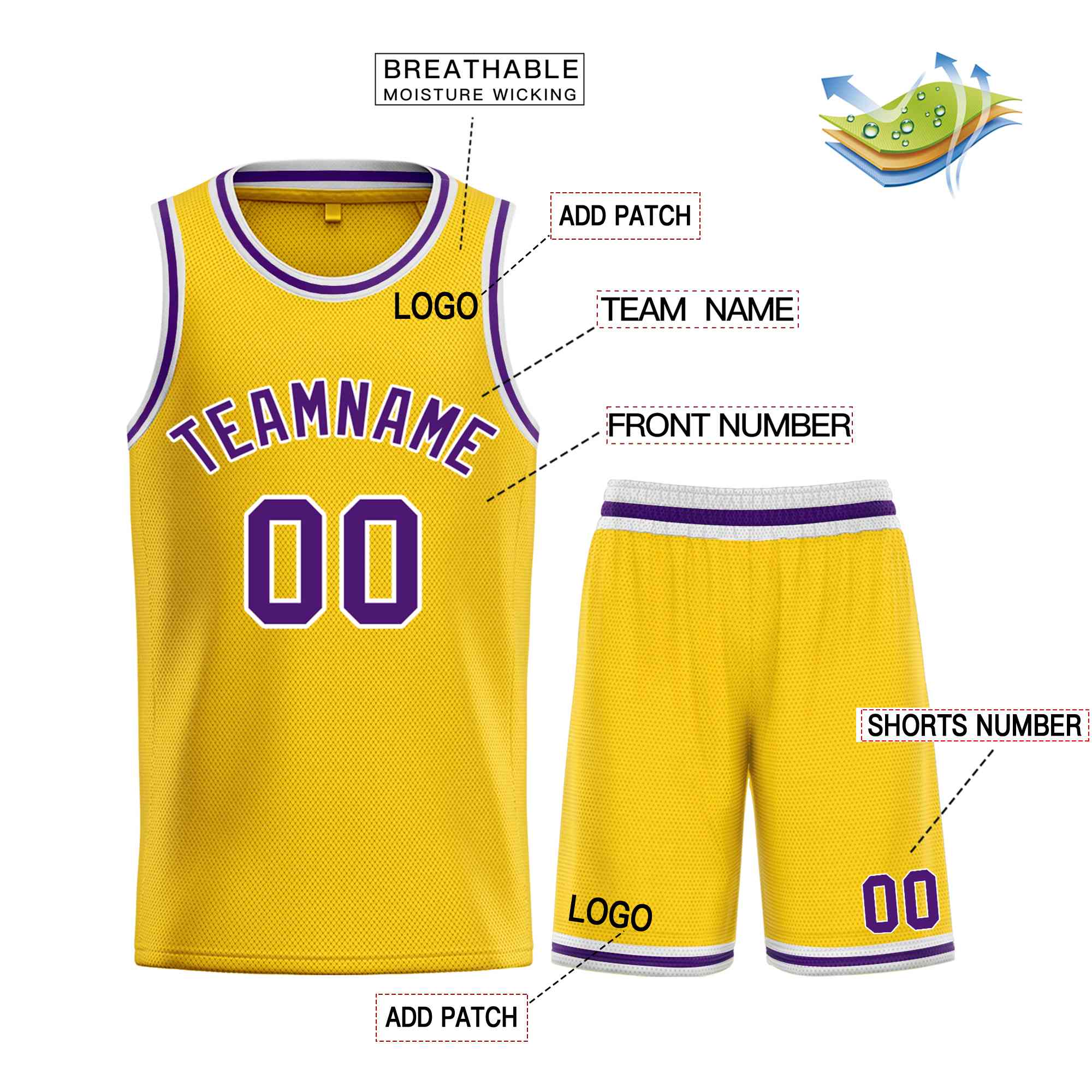 Maillot de basket-ball personnalisé, ensemble classique de taureau jaune violet-blanc