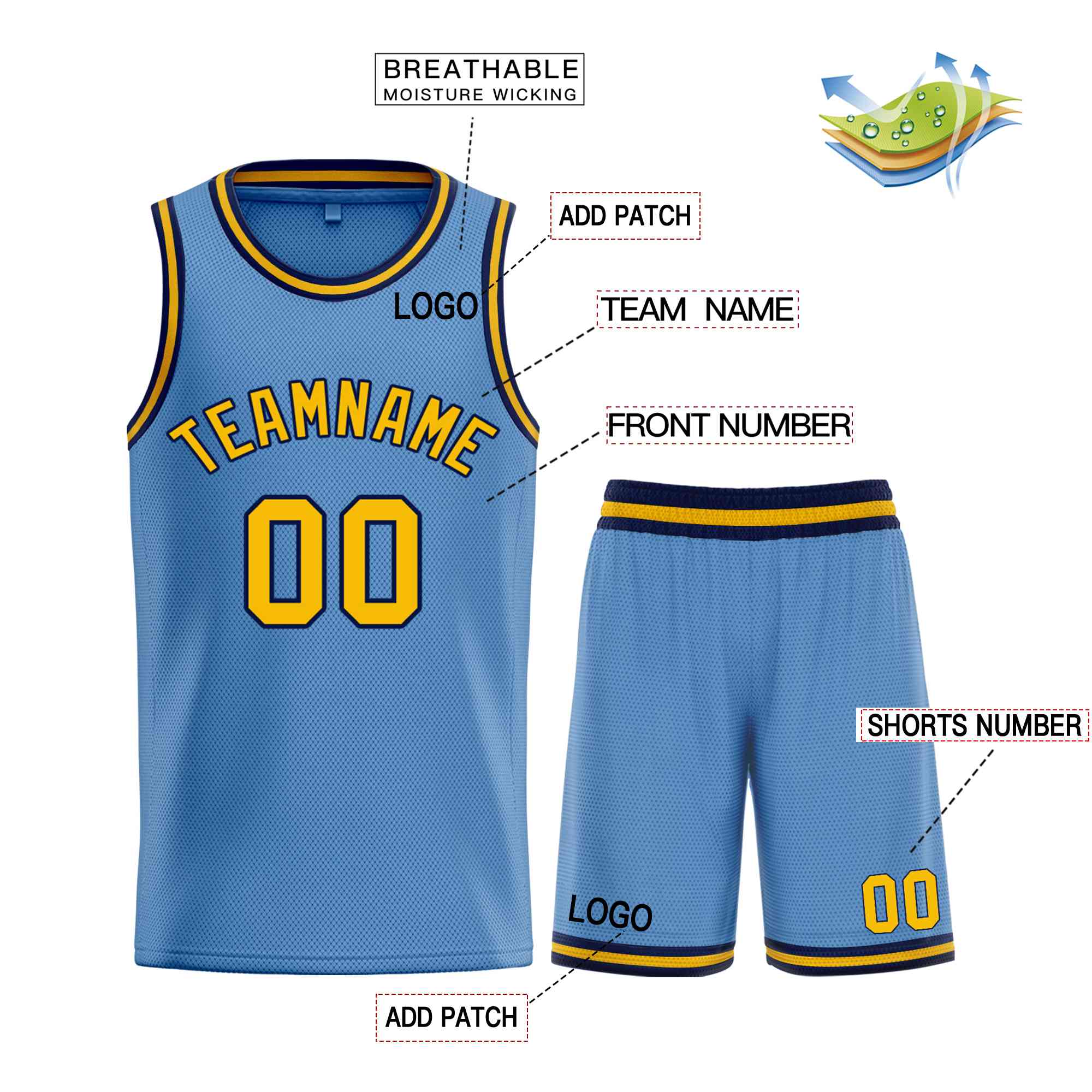 Maillot de basket-ball personnalisé bleu clair jaune-marine Bull Classic