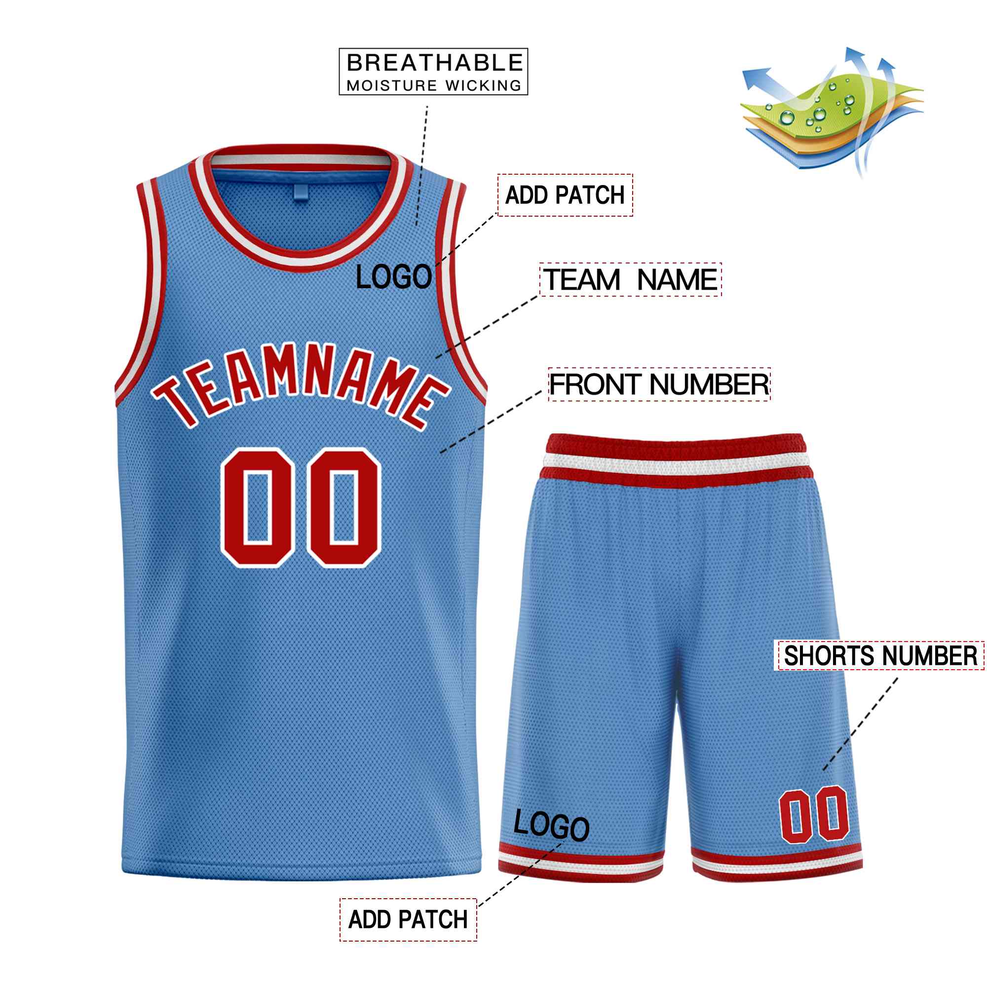 Maillot de basket-ball personnalisé, ensemble classique de taureau bleu clair rouge-blanc