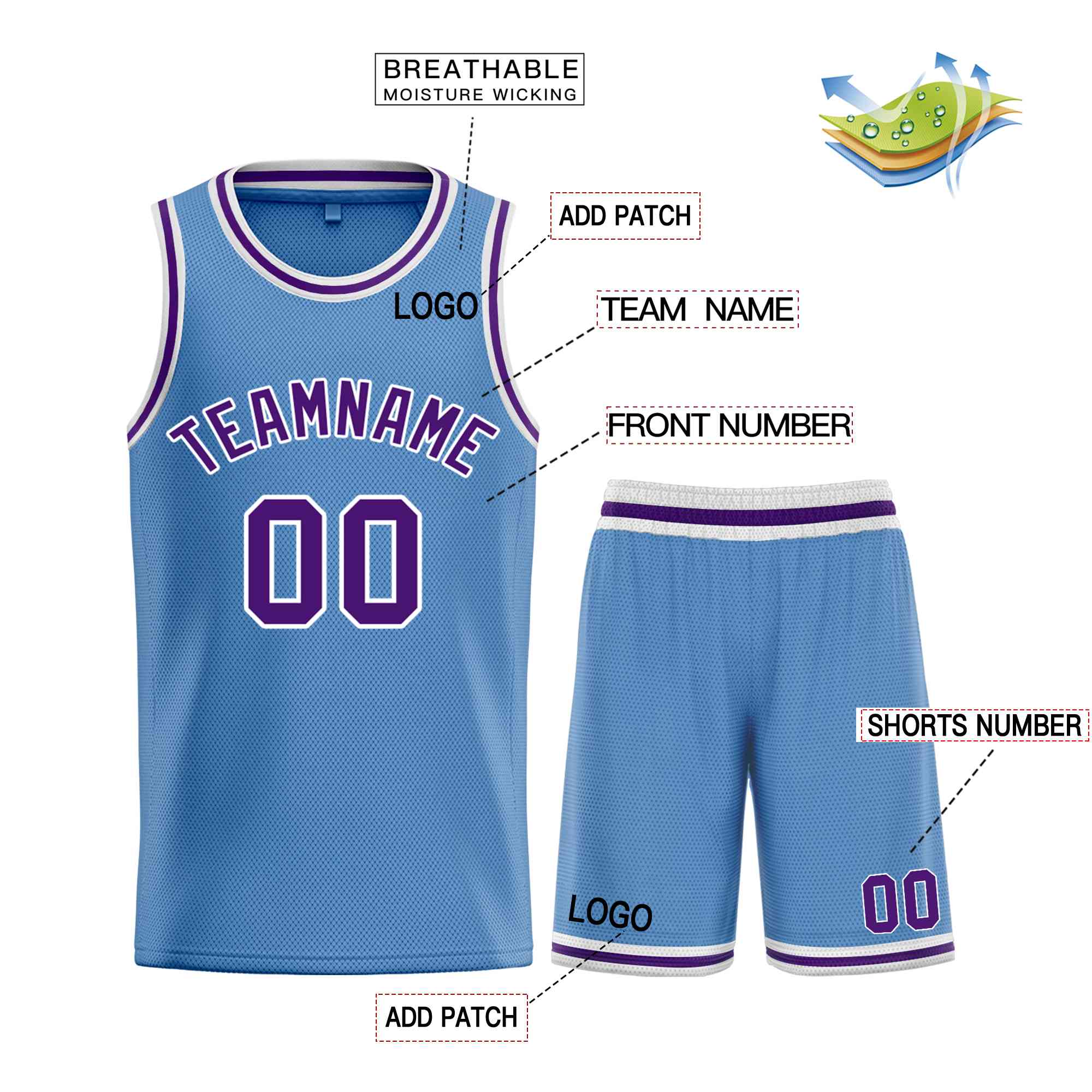 Maillot de basket-ball personnalisé, ensemble classique de taureau bleu clair violet-blanc