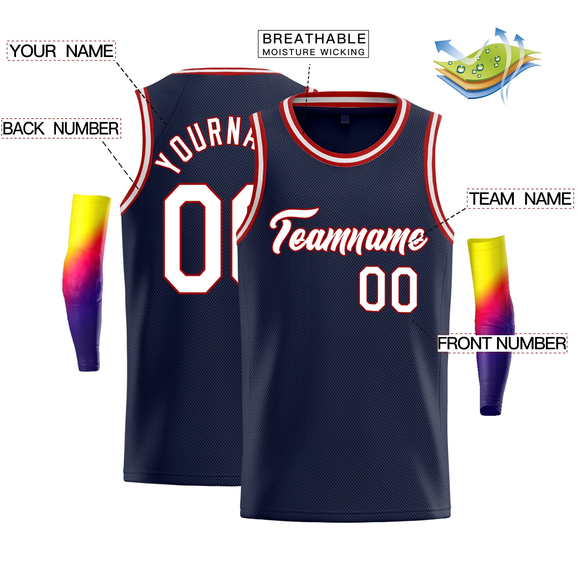 Custom Navy White-Red Classic Tops Comfort Basketball Jersey