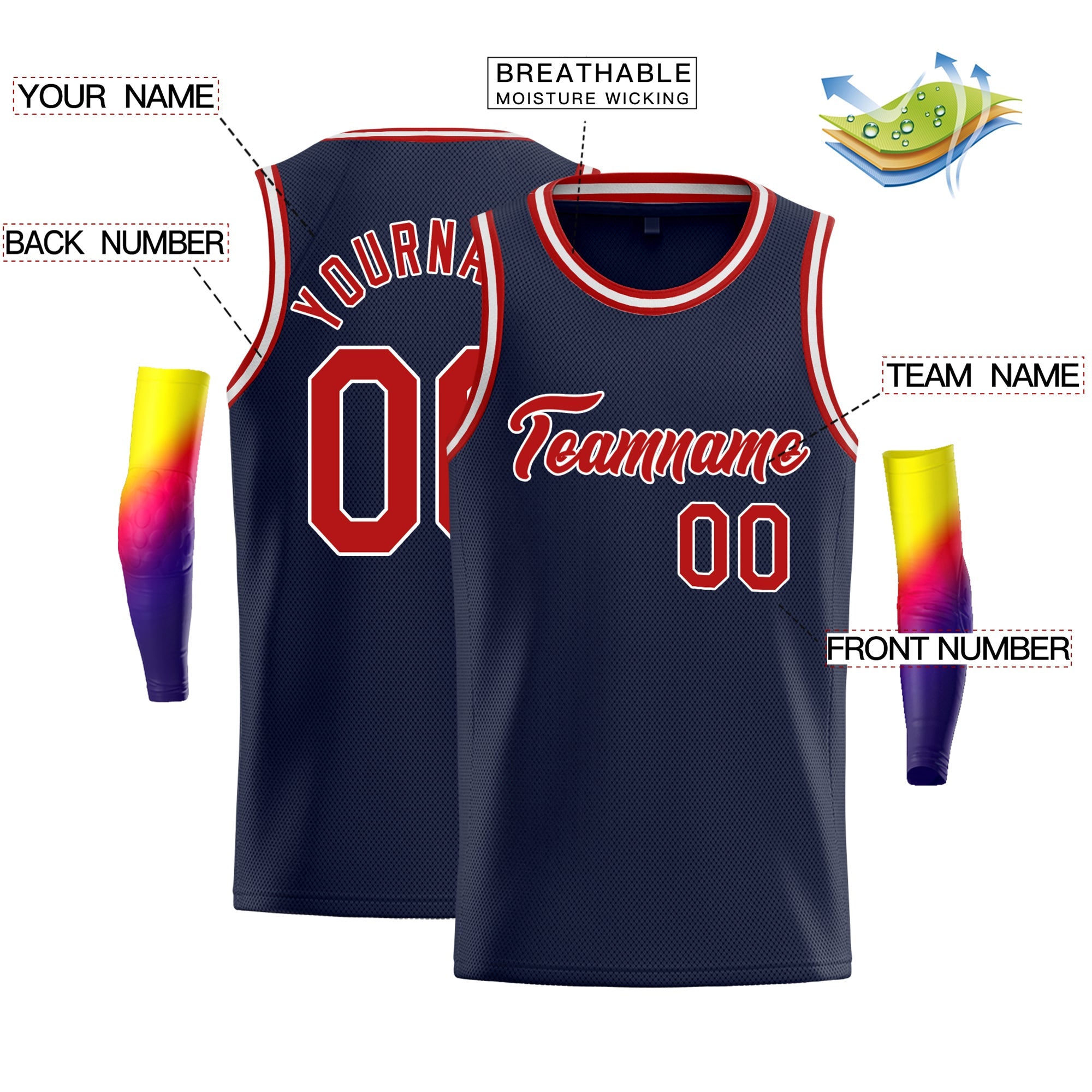 Maillot de basket-ball athlétique personnalisé, bleu marine, rouge et blanc, hauts classiques